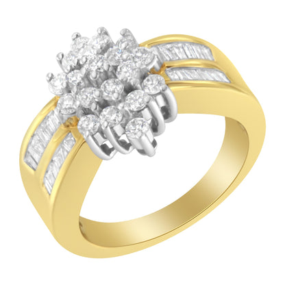 Yellow metal ring with cluster of round white gemstones in prong setting on top and two rows of baguette white gemstones in channel setting on band, angled view.
