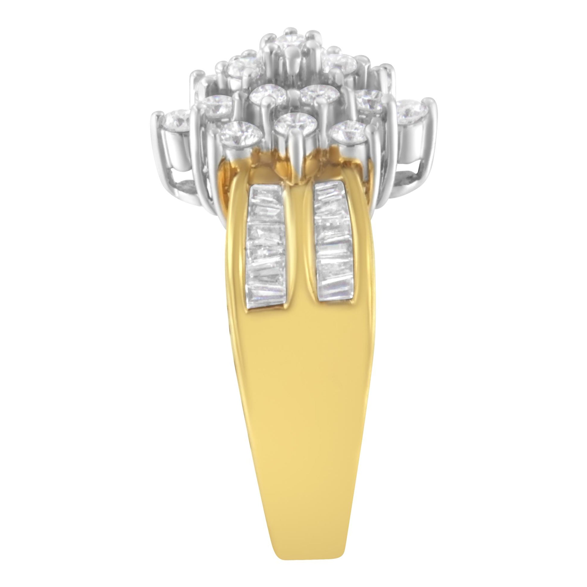 Front view of a yellow metal ring with white round gemstones in prong settings forming a circular cluster on top, and white baguette gemstones in channel settings set vertically on the band below the cluster.