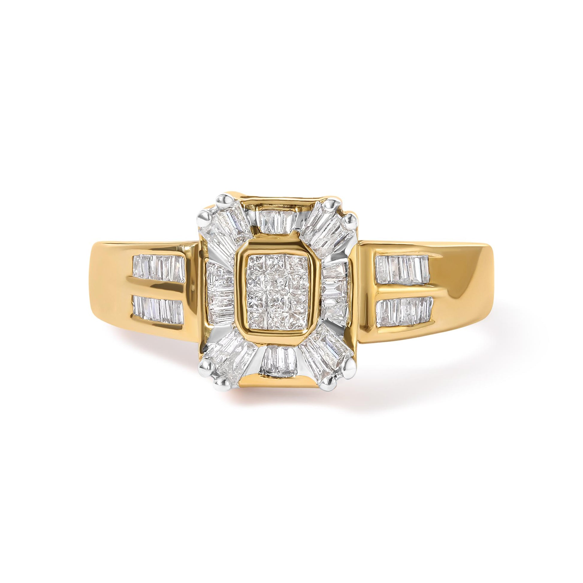 Front-facing close-up of a yellow metal ring with white gemstones; baguette-shaped gemstones in channel settings along the band and princess-shaped gemstones in bezel settings surrounding a central cluster of square gemstones.