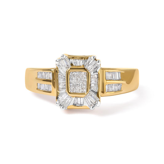 Front-facing close-up of a yellow metal ring with white gemstones; baguette-shaped gemstones in channel settings along the band and princess-shaped gemstones in bezel settings surrounding a central cluster of square gemstones.