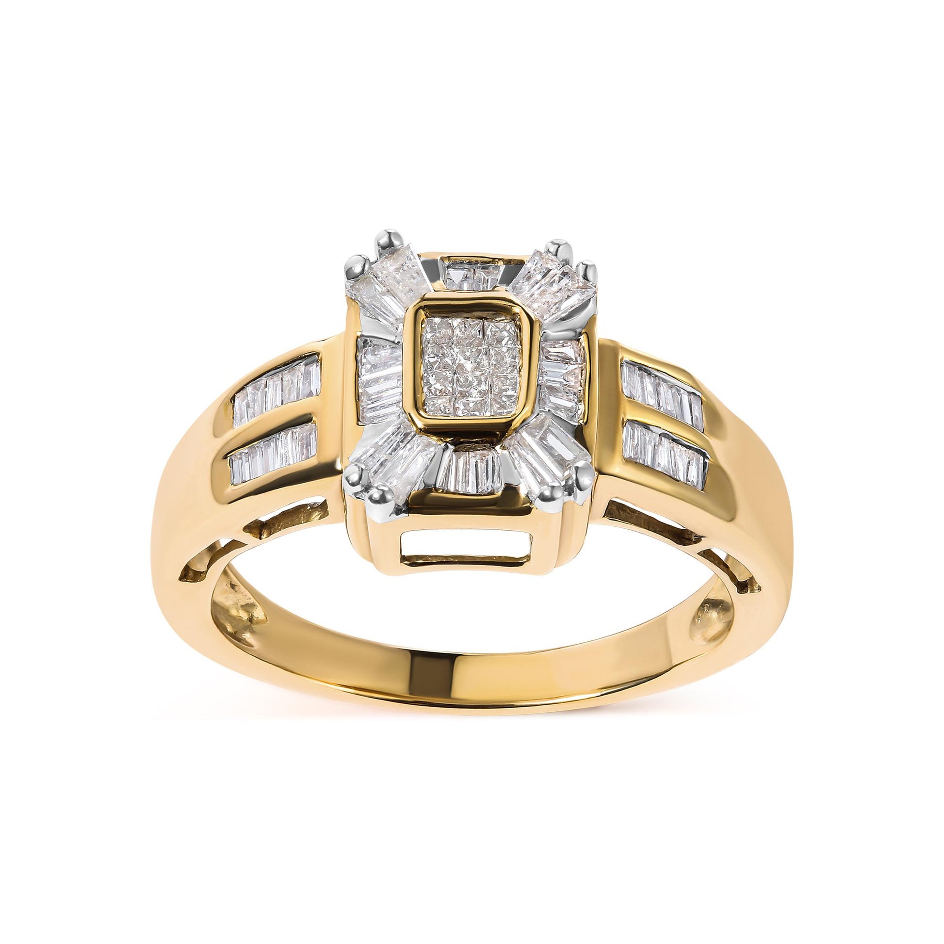 Front-facing yellow metal ring with white baguette and princess-shaped gemstones, showing channel and bezel settings, photographed on a white background.