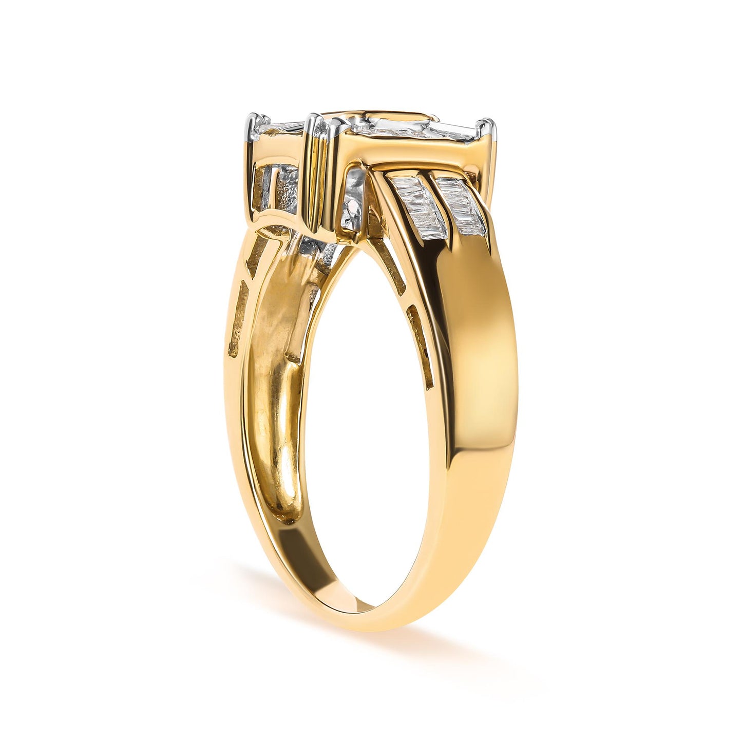 Yellow metal ring with white baguette-shaped gemstones in channel setting and white princess-shaped gemstones in bezel setting, shown at a slight angle.