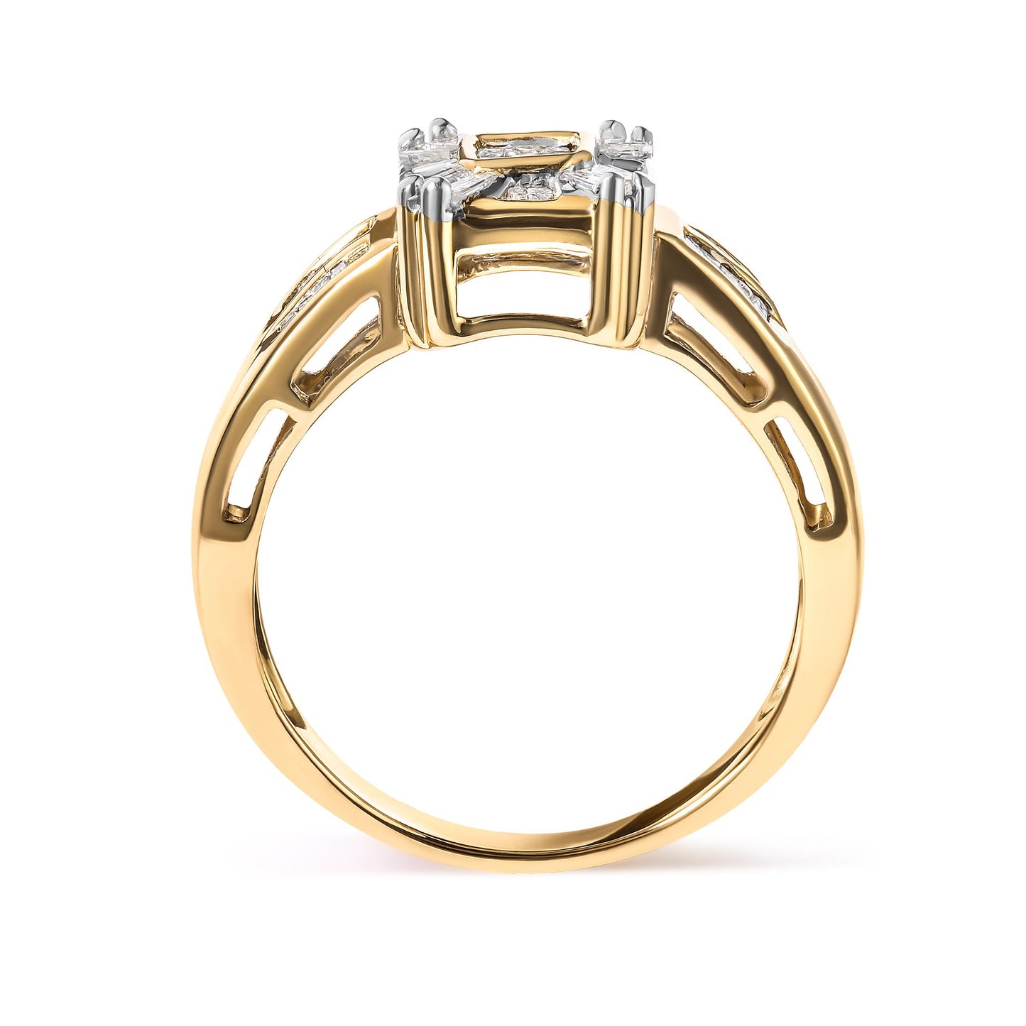 Side view of a yellow ring featuring white baguette-shaped gemstones in a channel setting and white princess-shaped gemstones in a bezel setting.