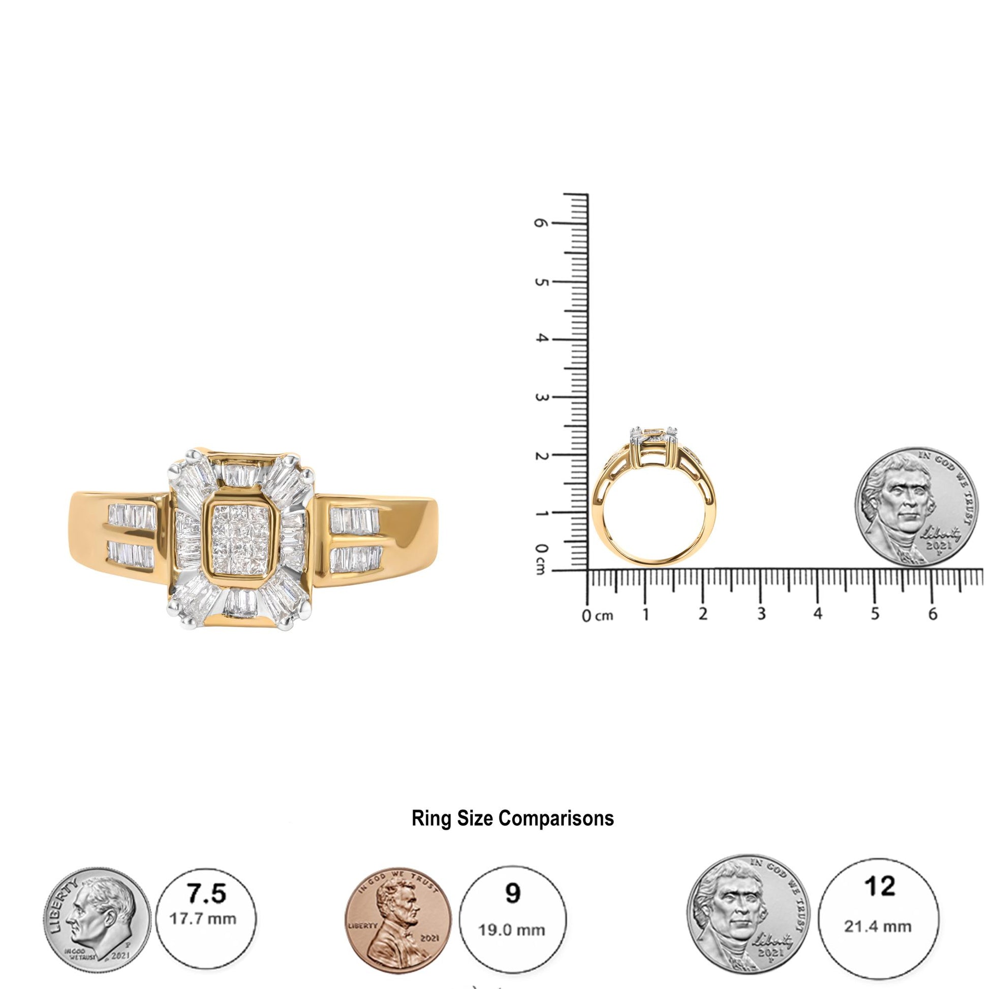 Front and side views of a yellow ring with white baguette shaped gemstones in a channel setting and white princess shaped gemstones in a bezel setting, shown next to a ruler and coins for size reference.