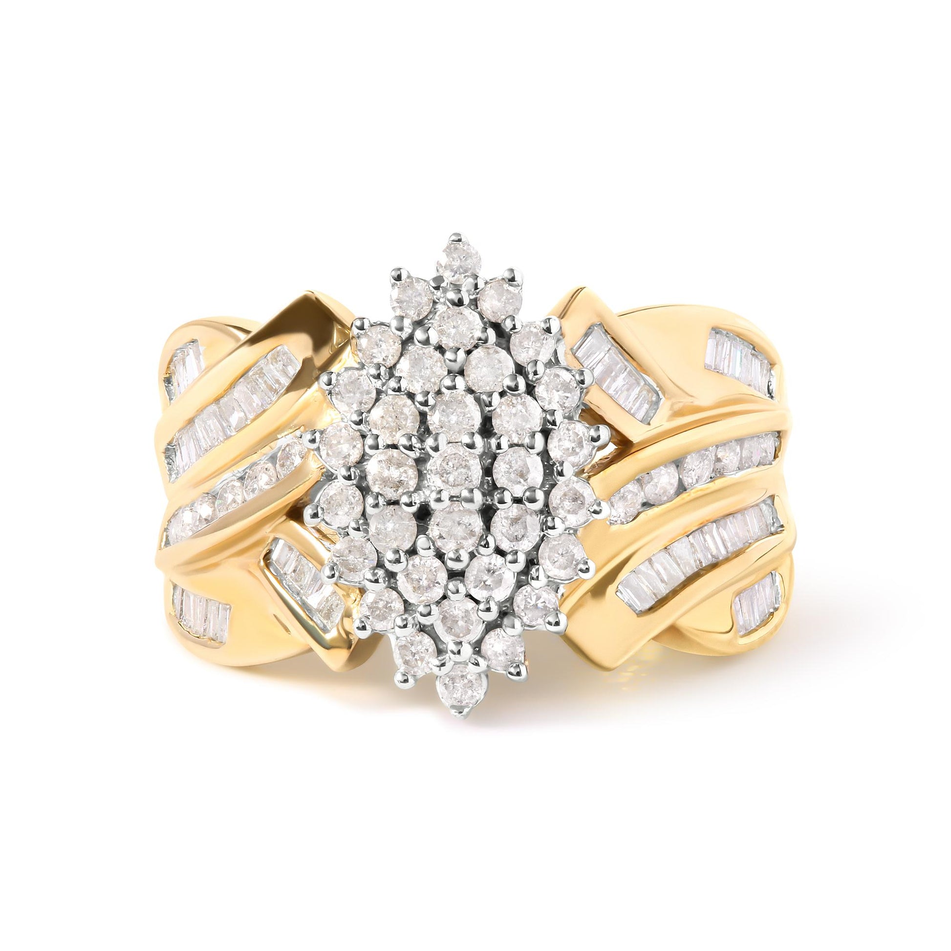 Front view of a yellow metal ring featuring a cluster of round white gemstones in prong settings at the center, with baguette white gemstones in channel settings decorating the band.
