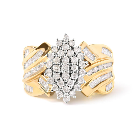 Front view of a yellow metal ring featuring a cluster of round white gemstones in prong settings at the center, with baguette white gemstones in channel settings decorating the band.