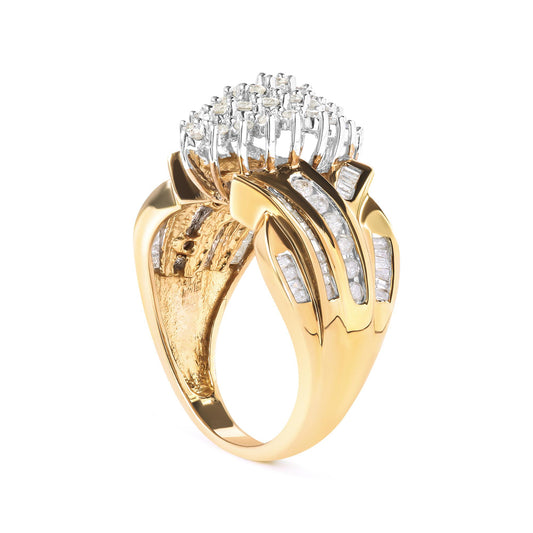 Yellow metal ring viewed from a side angle, featuring white round gemstones in prong settings at the top and white baguette gemstones in channel settings along the band.