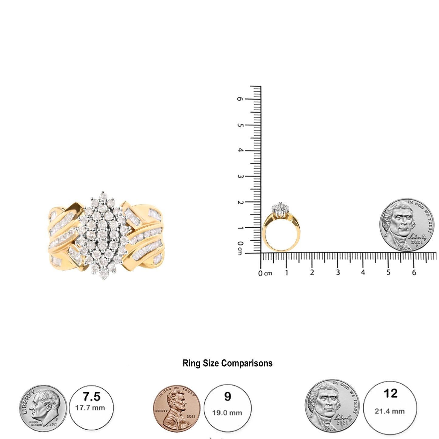 Front angle of yellow ring with round white gemstones in prong setting clustered in center and baguette white gemstones in channel setting on twisted band, shown next to a ruler and coins for size reference.