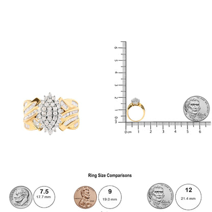 Front angle of yellow ring with round white gemstones in prong setting clustered in center and baguette white gemstones in channel setting on twisted band, shown next to a ruler and coins for size reference.