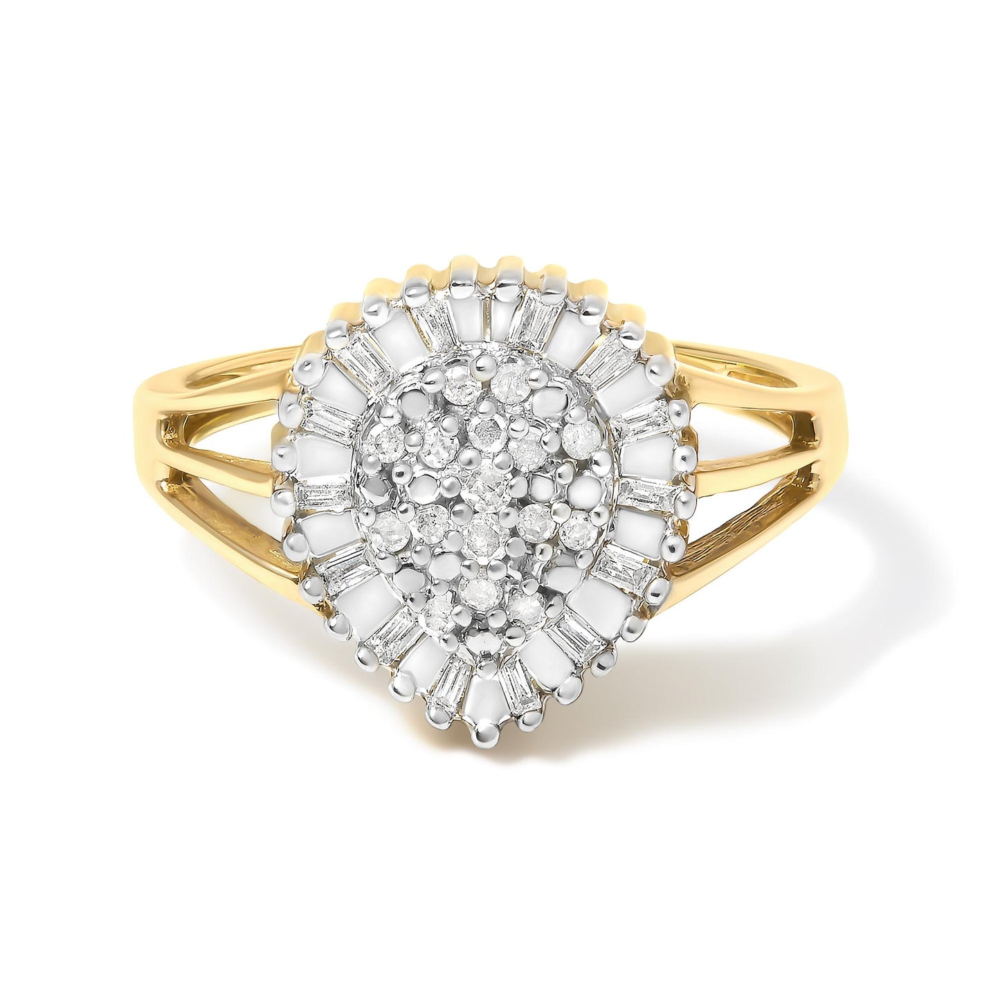 Yellow metal ring with a pear-shaped cluster of white round gemstones in prong settings surrounded by white baguette gemstones in channel settings, shown in a front view on a white background.