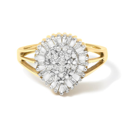 Yellow metal ring with a pear-shaped cluster of white round gemstones in prong settings surrounded by white baguette gemstones in channel settings, shown in a front view on a white background.