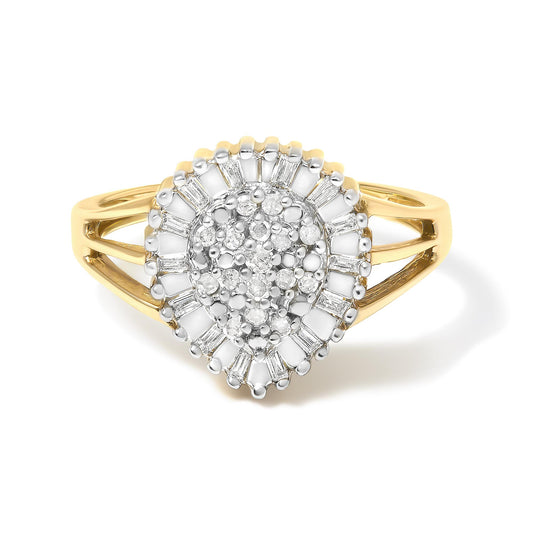 Yellow metal ring with a pear-shaped cluster of white round gemstones in prong settings surrounded by white baguette gemstones in channel settings, shown in a front view on a white background.