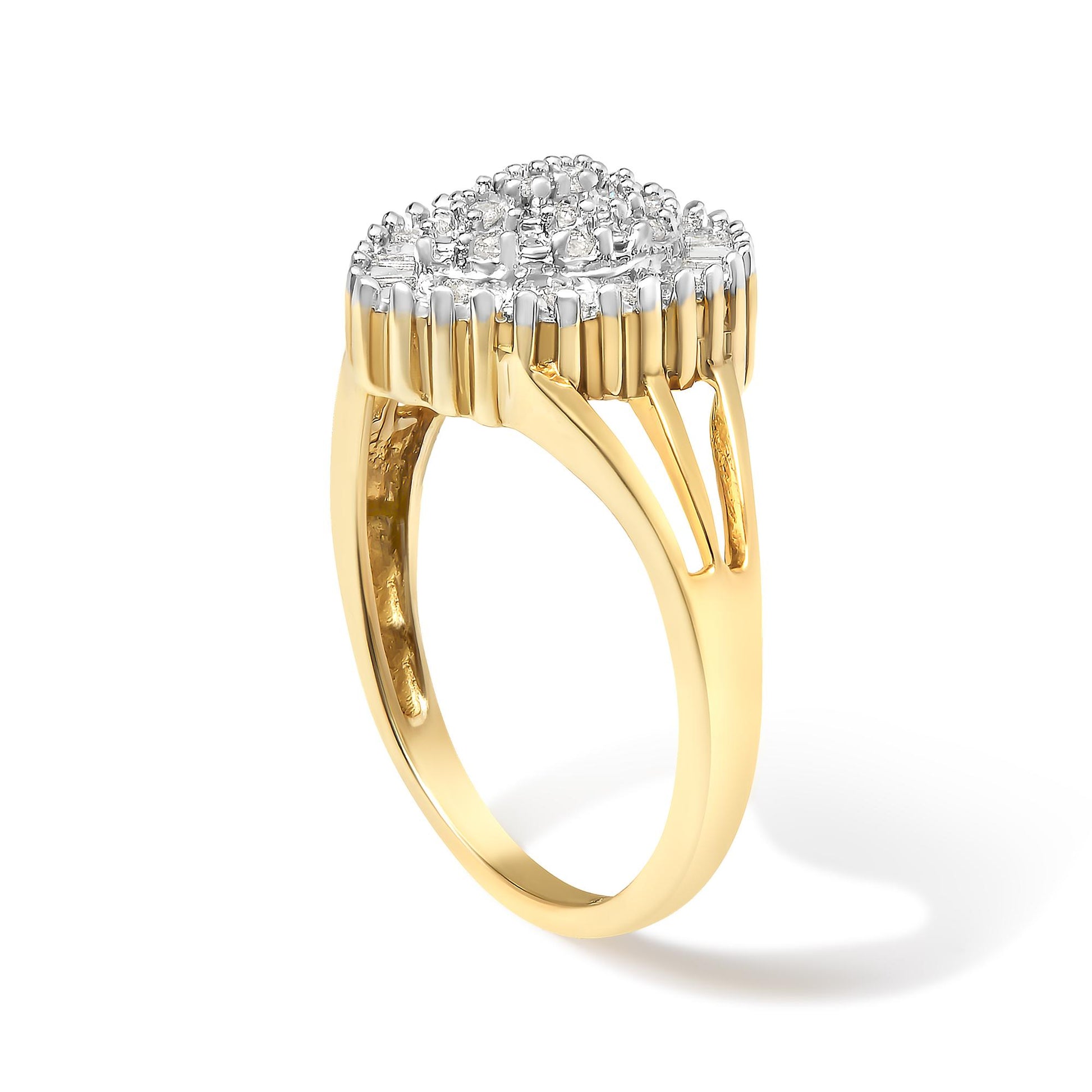 Yellow metal ring with a raised top featuring round white gemstones in prong settings and baguette white gemstones in channel settings, shown from a side angle.
