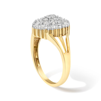 Yellow metal ring with a raised top featuring round white gemstones in prong settings and baguette white gemstones in channel settings, shown from a side angle.