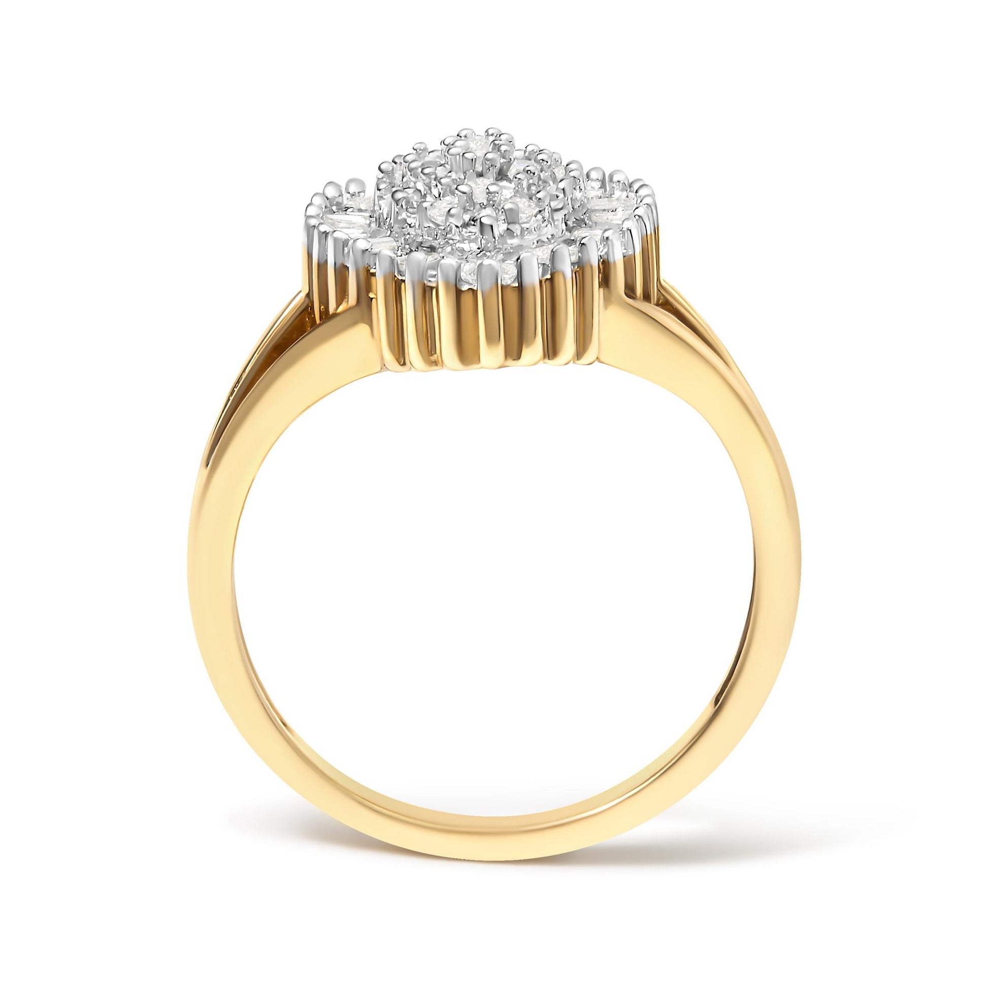 Yellow metal ring with a cluster of round white gemstones in prong settings and a surrounding border of baguette white gemstones in channel settings, side view on a white background.