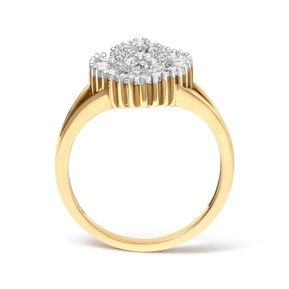 Yellow metal ring with a cluster of round white gemstones in prong settings and a surrounding border of baguette white gemstones in channel settings, side view on a white background.