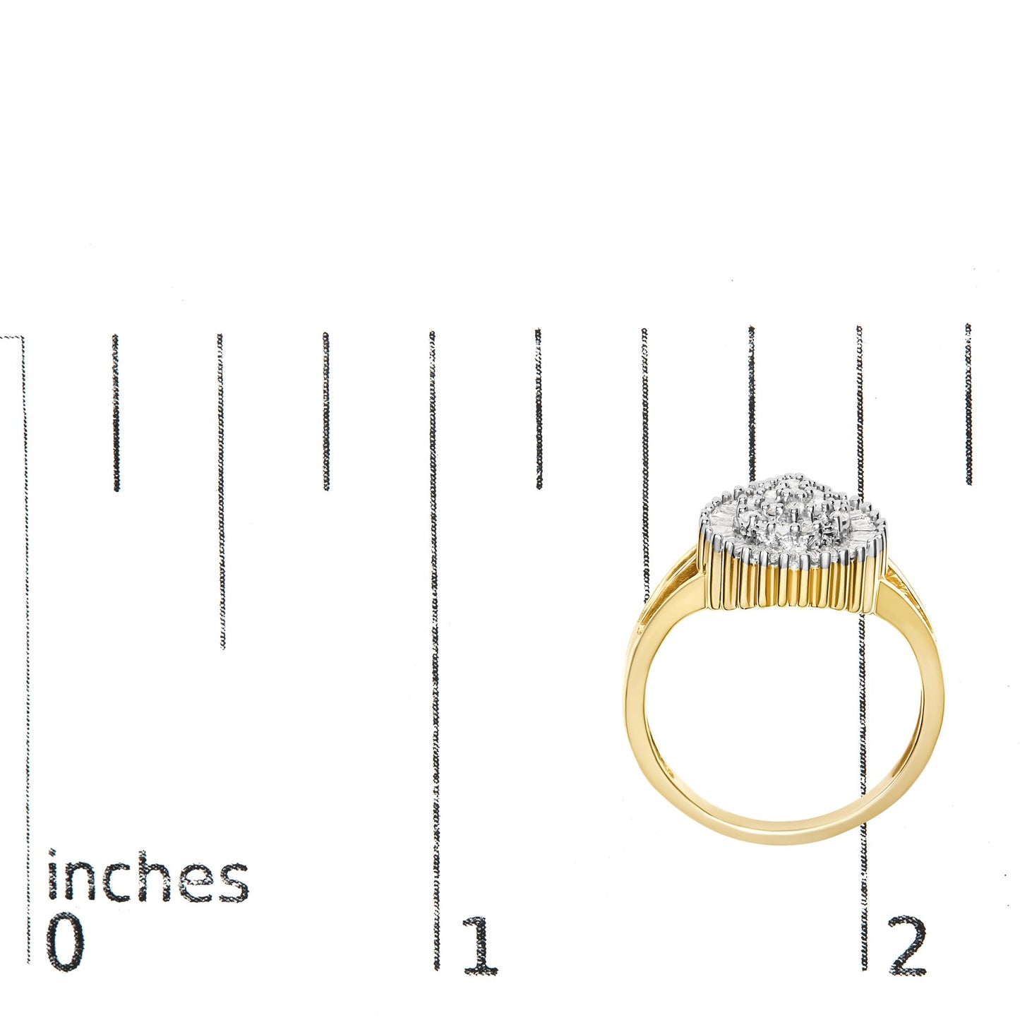 Yellow metal ring with cluster of white round gemstones in prong settings and white baguette gemstones in channel settings, shown from front on top view on a ruler for size reference.