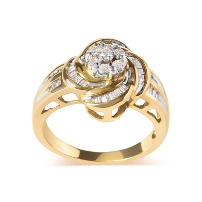 Front angle of a yellow ring featuring a cluster of round white gemstones in prong setting at the center, surrounded by curved rows of baguette-shaped white gemstones in channel setting along the band.