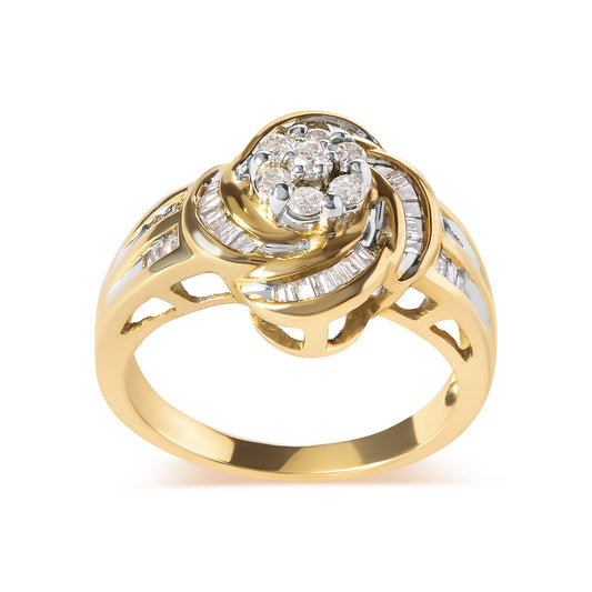 Front angle of a yellow ring featuring a cluster of round white gemstones in prong setting at the center, surrounded by curved rows of baguette-shaped white gemstones in channel setting along the band.