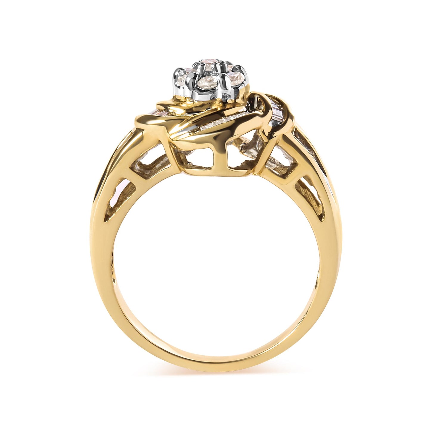 Side angle view of a yellow ring featuring round white gemstones in prong settings and baguette white gemstones in channel settings.