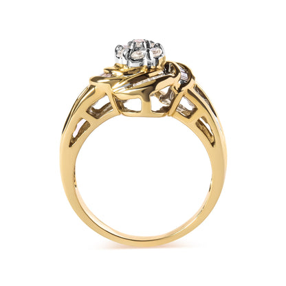 Side angle view of a yellow ring featuring round white gemstones in prong settings and baguette white gemstones in channel settings.