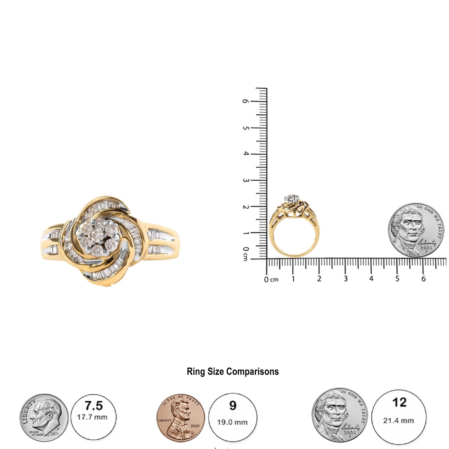 Yellow ring with a cluster of round white gemstones in prong settings at the center, surrounded by swirls of yellow metal accented with baguette-shaped white gemstones in channel settings, shown from a top and side angle next to a ruler and coins for size reference.