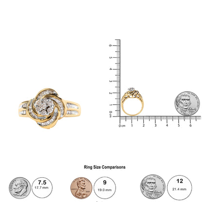 Yellow ring with a cluster of round white gemstones in prong settings at the center, surrounded by swirls of yellow metal accented with baguette-shaped white gemstones in channel settings, shown from a top and side angle next to a ruler and coins for size reference.