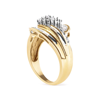 Yellow metal ring with round and baguette white gemstones in prong and channel settings, shown at an angled side view.