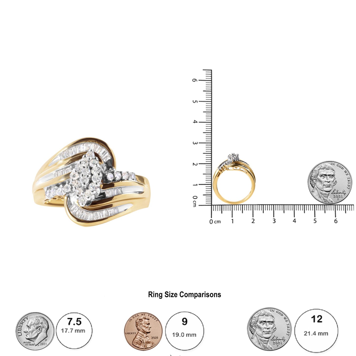 Yellow ring with white round prong-set gemstones surrounding the center and white baguette channel-set gemstones along the band, shown from a front angle and side view on a ruler for size reference.