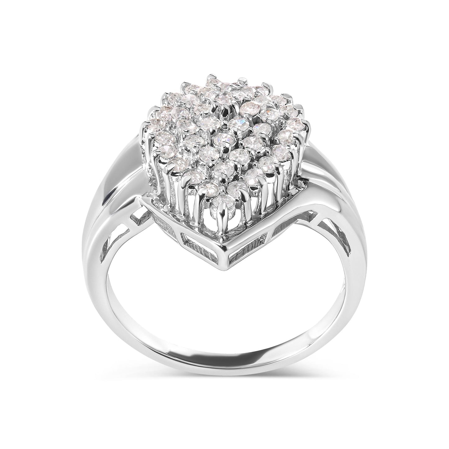 Front angled view of a white metal ring featuring a cluster of round white gemstones in prong settings on top.