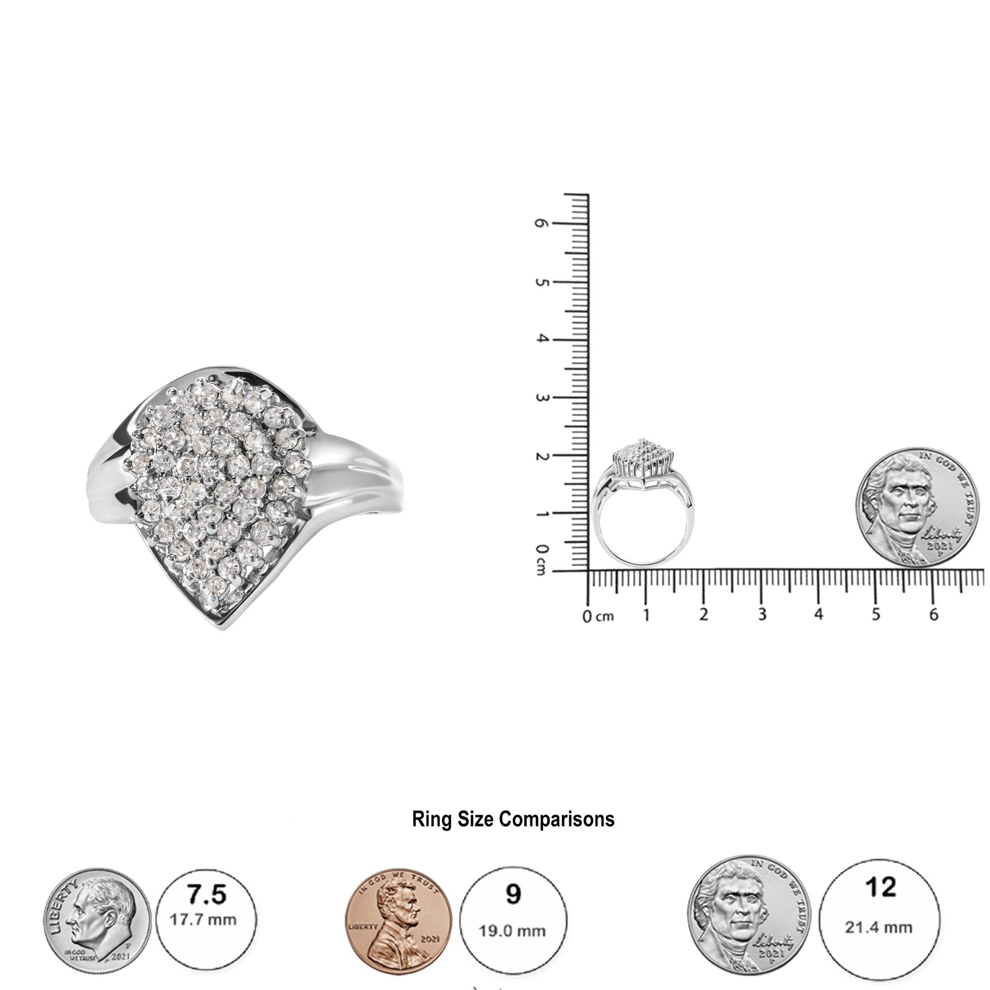 Front and side views of a white metal ring with round white gemstones in prong setting, shown next to a ruler and coins for size reference.