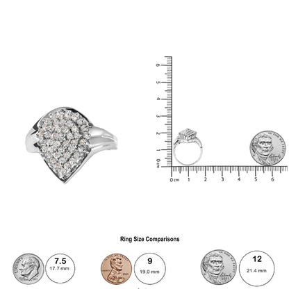 Front and side views of a white metal ring with round white gemstones in prong setting, shown next to a ruler and coins for size reference.