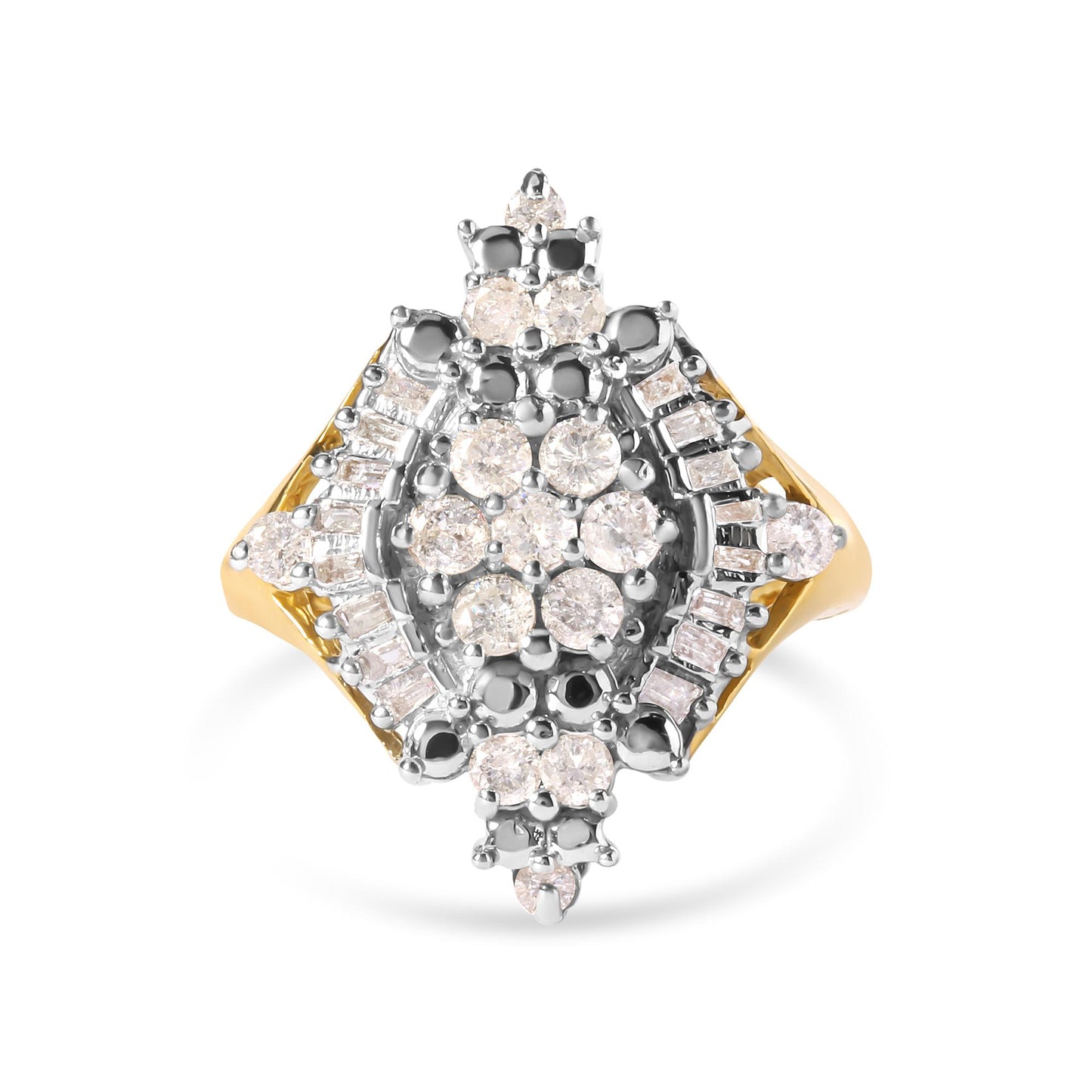 Top-down view of a yellow ring with a cluster of round white gemstones in prong settings at the center, framed by baguette-shaped white gemstones in prong settings arranged in a decorative pattern.