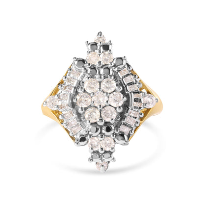 Top-down view of a yellow ring with a cluster of round white gemstones in prong settings at the center, framed by baguette-shaped white gemstones in prong settings arranged in a decorative pattern.