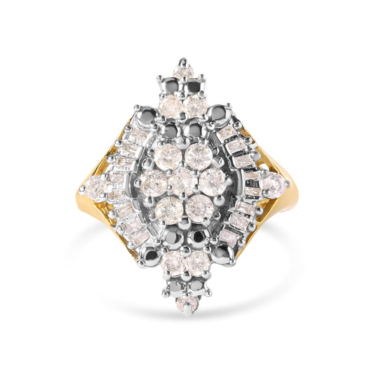 Top-down view of a yellow ring with a cluster of round white gemstones in prong settings at the center, framed by baguette-shaped white gemstones in prong settings arranged in a decorative pattern.