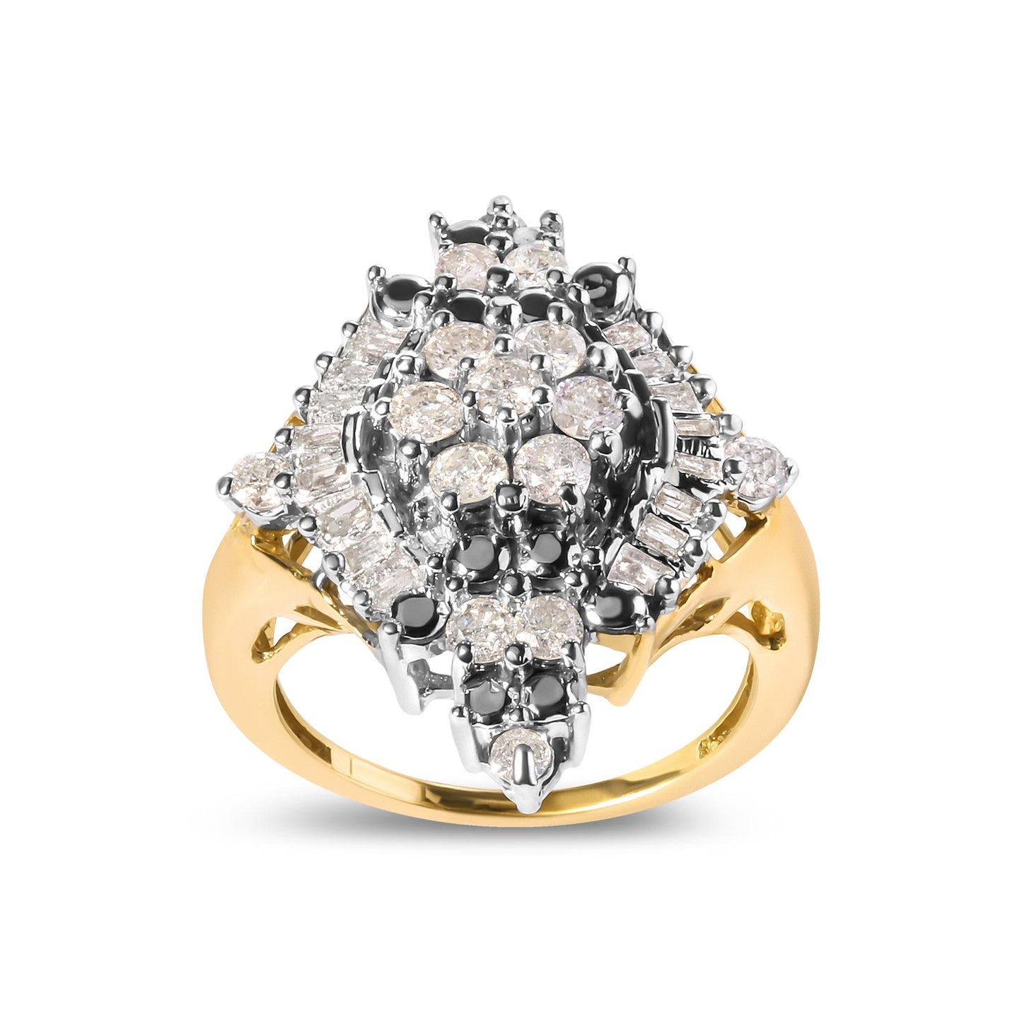 Front angle view of a yellow metal ring featuring a cluster of round and baguette shaped white gemstones in prong settings.