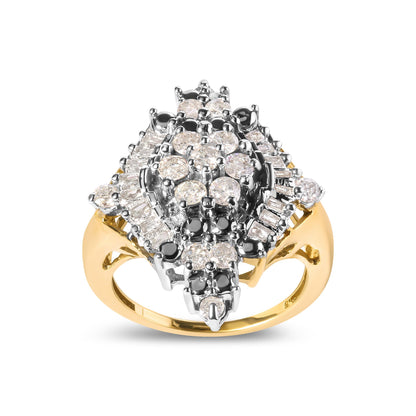 Front angle view of a yellow metal ring featuring a cluster of round and baguette shaped white gemstones in prong settings.