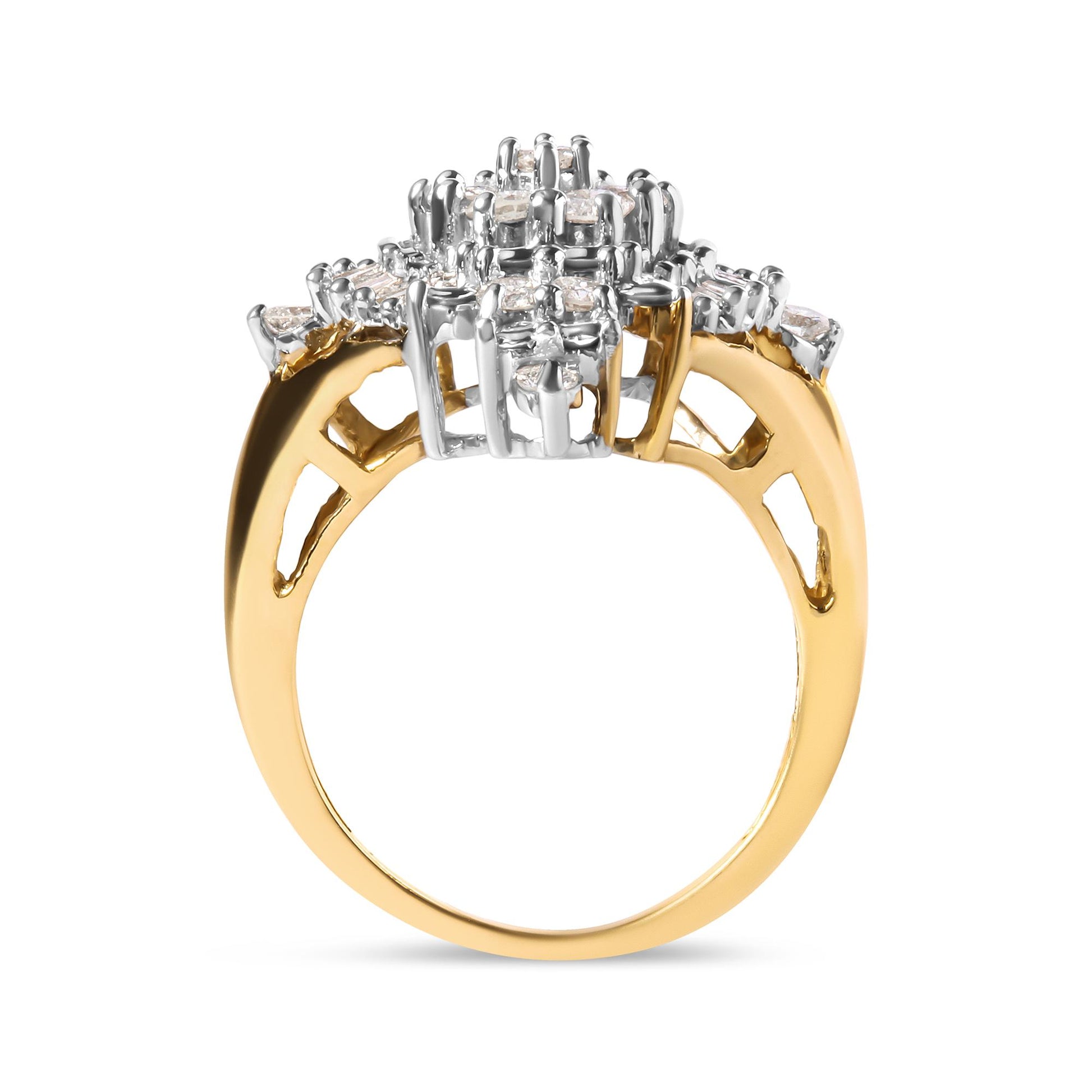 Yellow metal ring with cluster of round and baguette white gemstones in prong settings, shown from side angle.