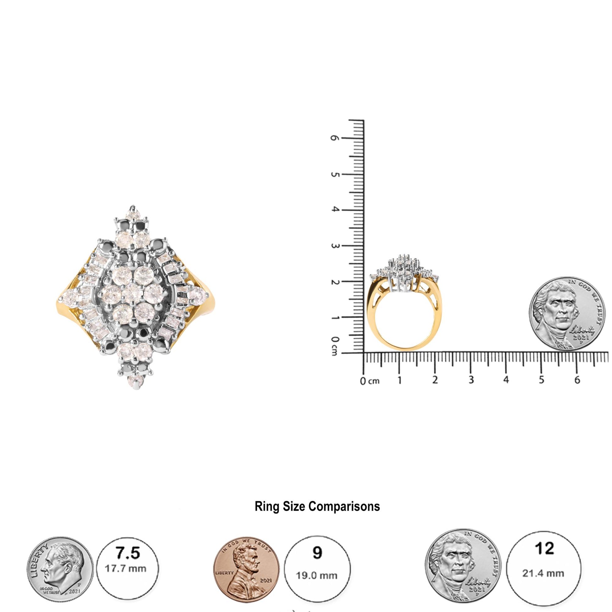 Top and side views of a yellow metal ring with round and baguette shaped white gemstones in prong settings, shown on a ruler and next to coins for size reference.