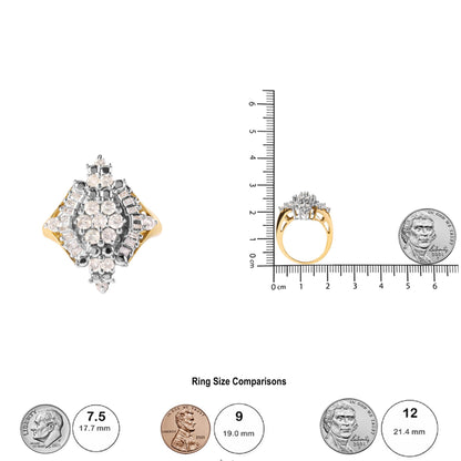 Top and side views of a yellow metal ring with round and baguette shaped white gemstones in prong settings, shown on a ruler and next to coins for size reference.