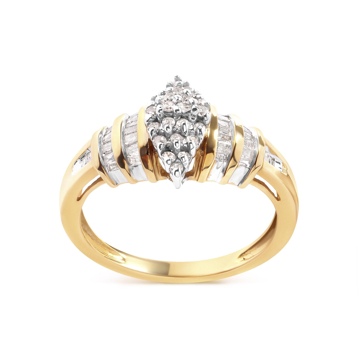 Front-facing view of a yellow metal ring featuring a cluster of round white gemstones in prong settings at the center, flanked by rows of baguette-shaped white gemstones in channel settings on the shoulders.