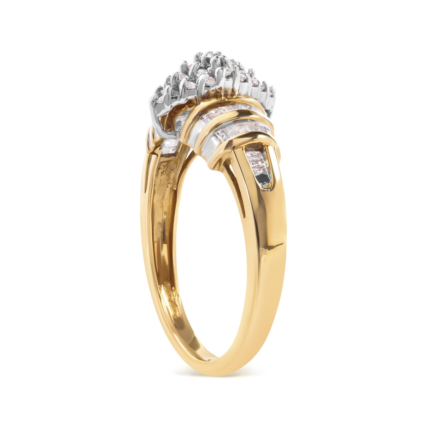 Side view of a yellow ring featuring round prong-set white gemstones and baguette channel-set white gemstones.