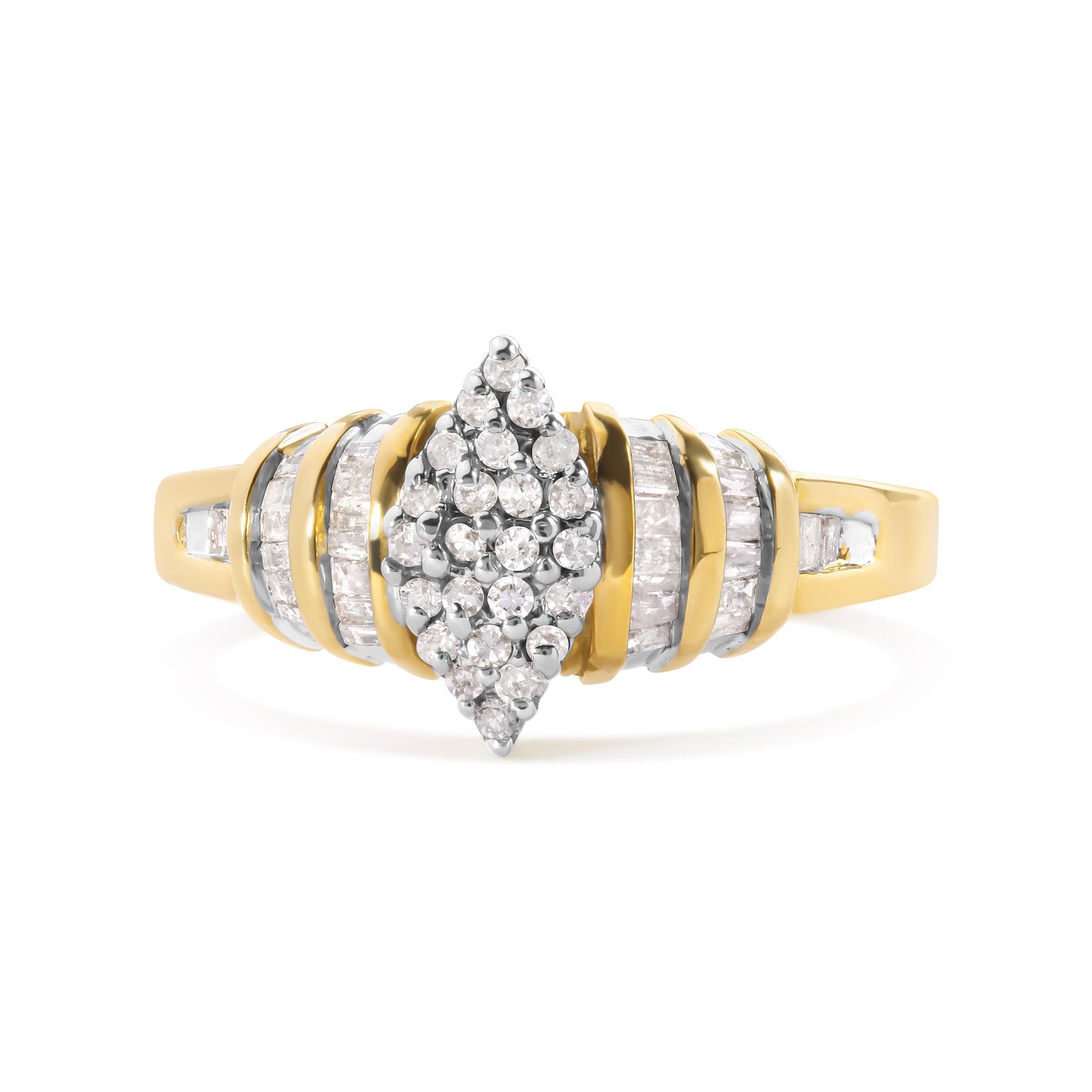 Front-facing shot of a yellow ring featuring a cluster of round white gemstones in prong settings at the center, flanked by rows of channel-set baguette white gemstones along the band.