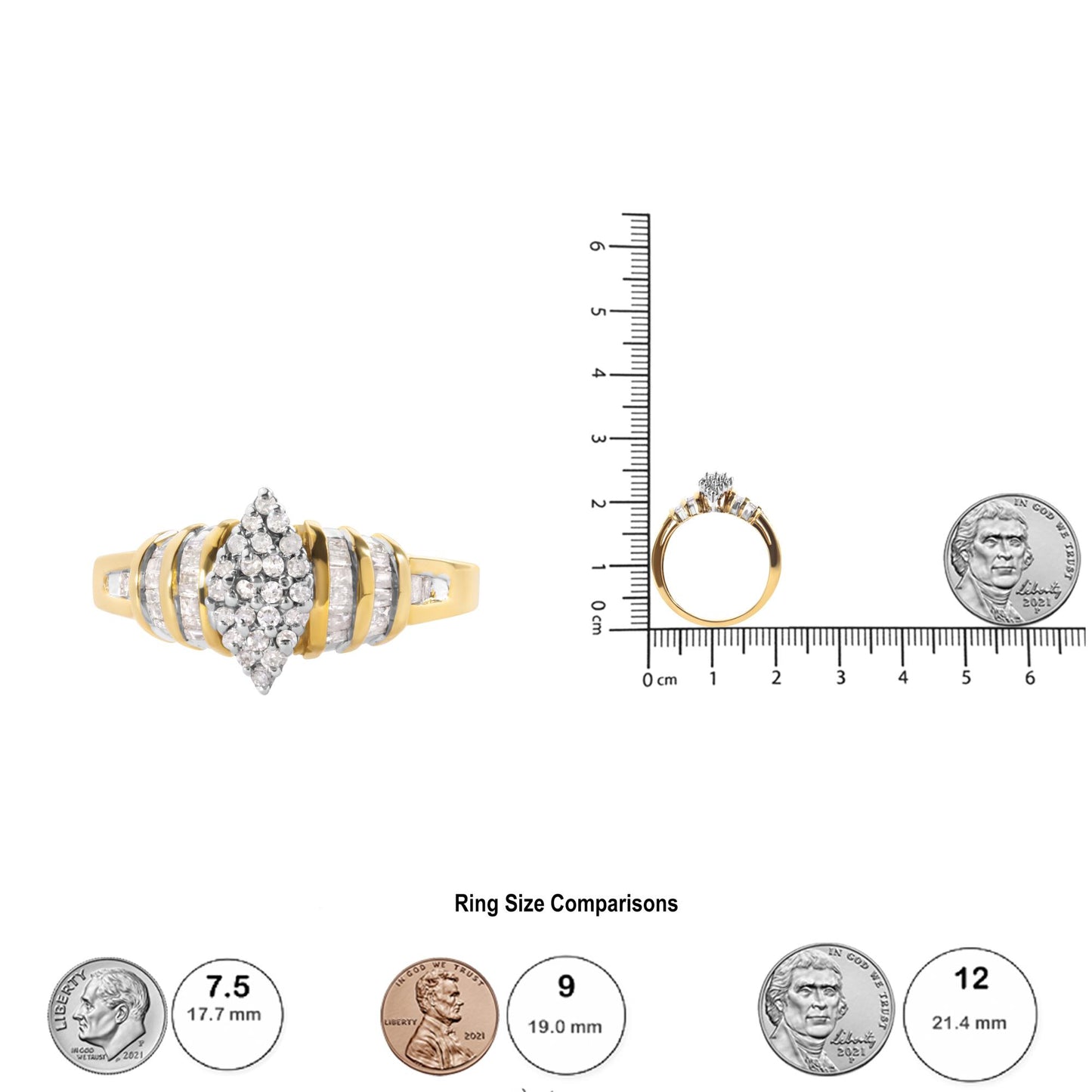 Yellow ring with a marquise-shaped cluster of round white gemstones in prong setting at center, flanked by rows of baguette-shaped white gemstones in channel setting, shown in a top-down and side view on a ruler and with coins for size reference.