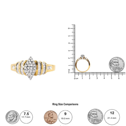 Yellow ring with a marquise-shaped cluster of round white gemstones in prong setting at center, flanked by rows of baguette-shaped white gemstones in channel setting, shown in a top-down and side view on a ruler and with coins for size reference.