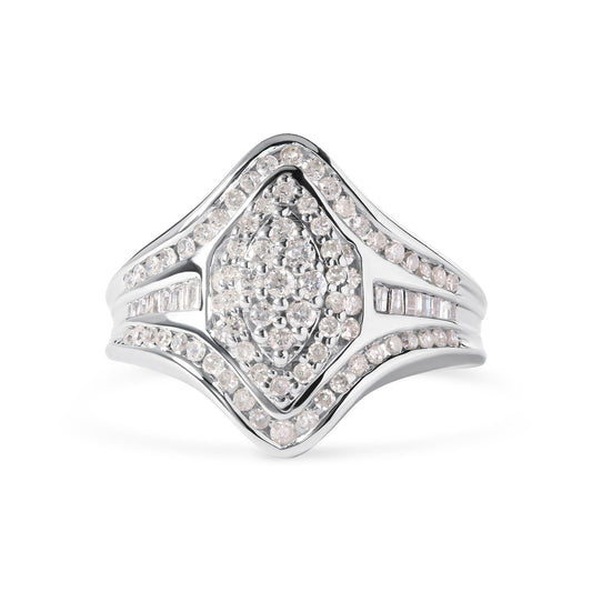 Front angled view of a white metal ring with a cluster of round white gemstones in prong settings forming a diamond shape, bordered by a frame of round white gemstones, and accented on the sides with channel-set baguette-shaped white gemstones.