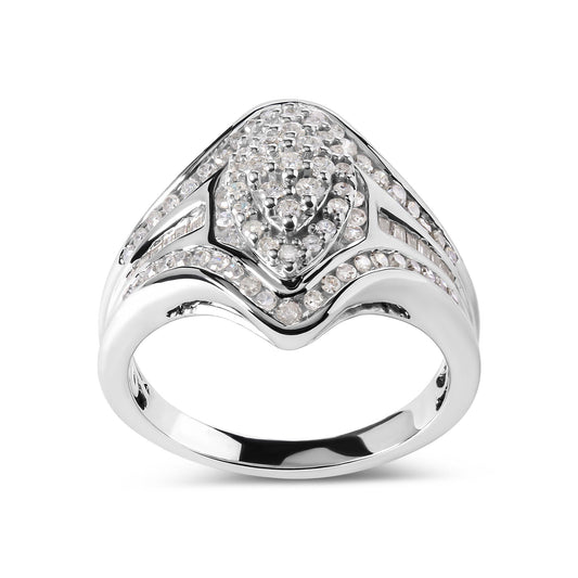 White metal ring viewed from the front, featuring round prong-set white gemstones clustered in a teardrop shape at the center, with baguette channel-set white gemstones on the sides.