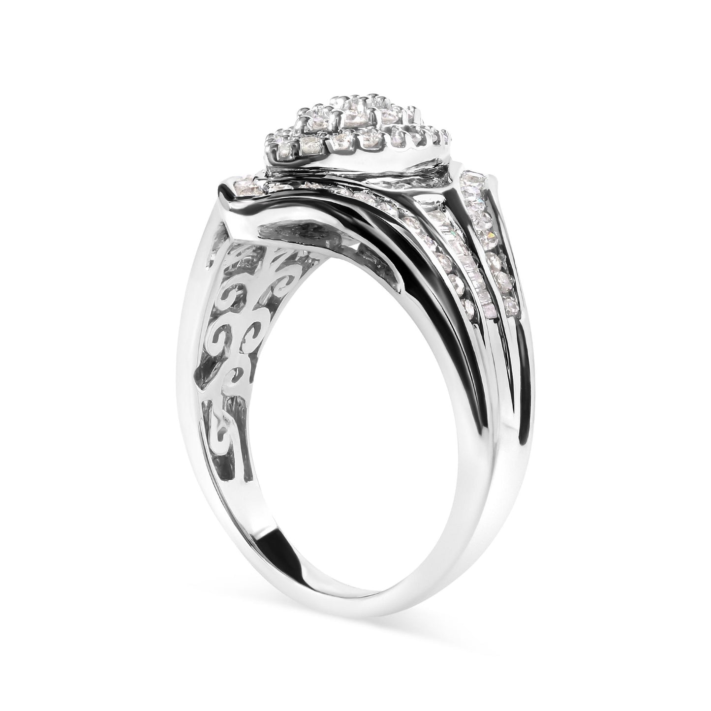 White metal ring with round prong-set white gemstones and channel-set baguette white gemstones, shown at an angled side view.