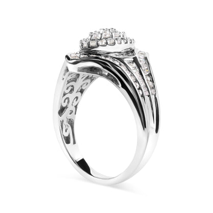 White metal ring with round prong-set white gemstones and channel-set baguette white gemstones, shown at an angled side view.
