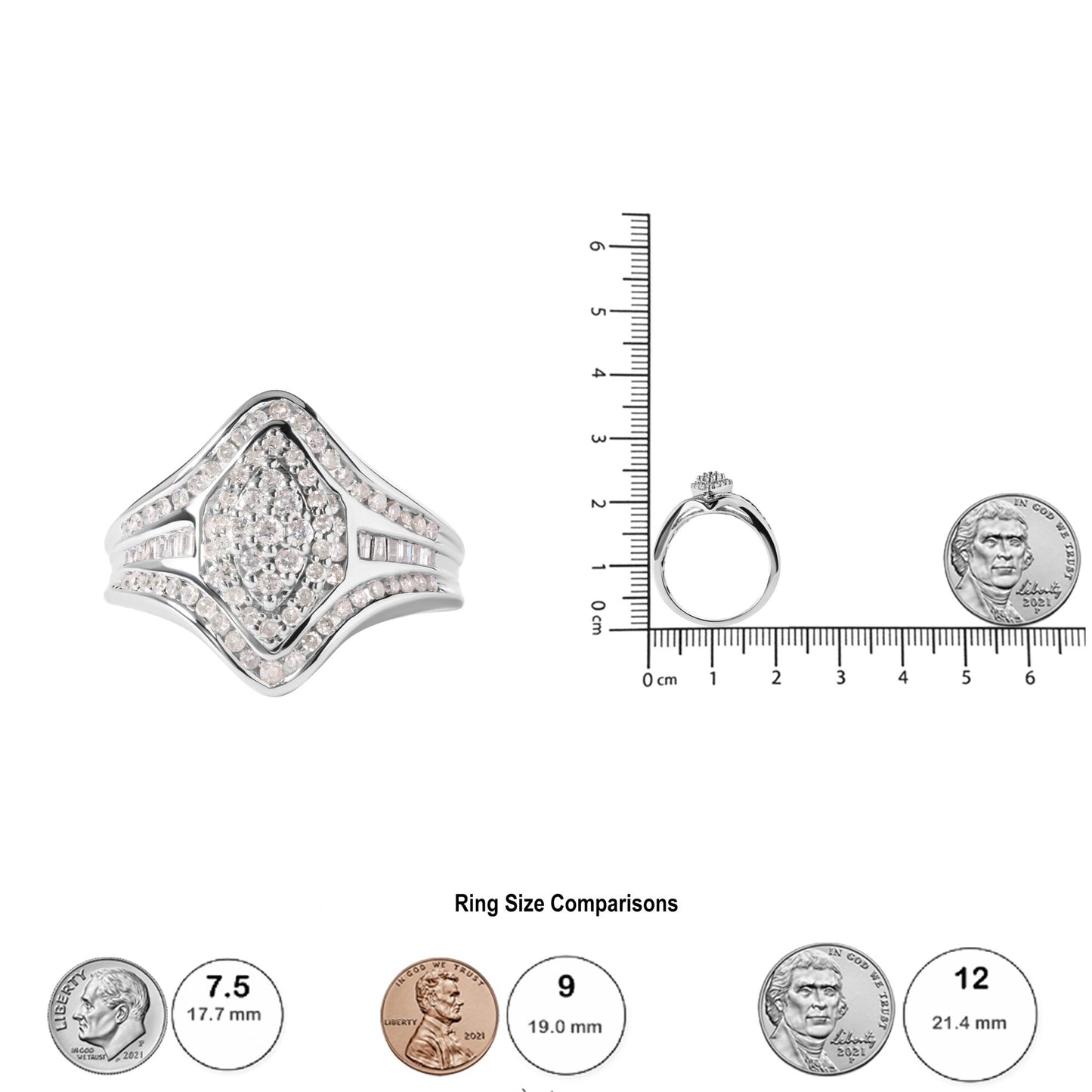 White ring with round gemstones in prong setting and baguette gemstones in channel setting, shown from front and side angles on a ruler for size reference.